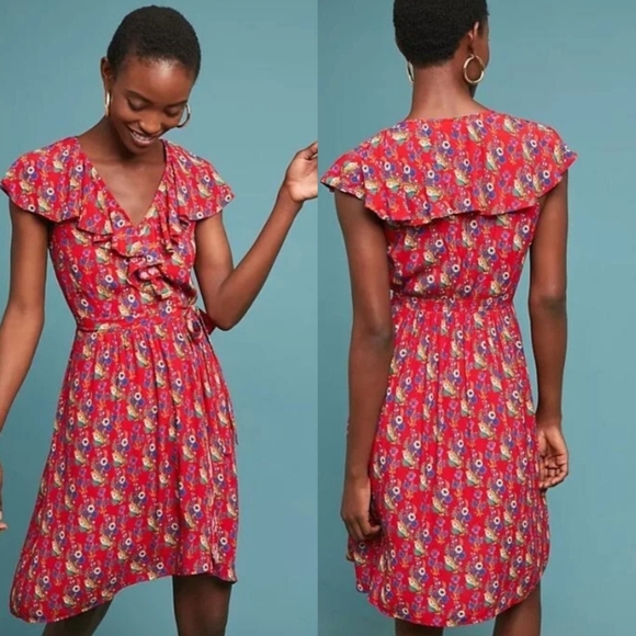 Maeve Dresses & Skirts - MAEVE BY ANTHROPOLOGIE Rosalia Wrap Dress Ruffled‎ Floral Red Womens Size 12